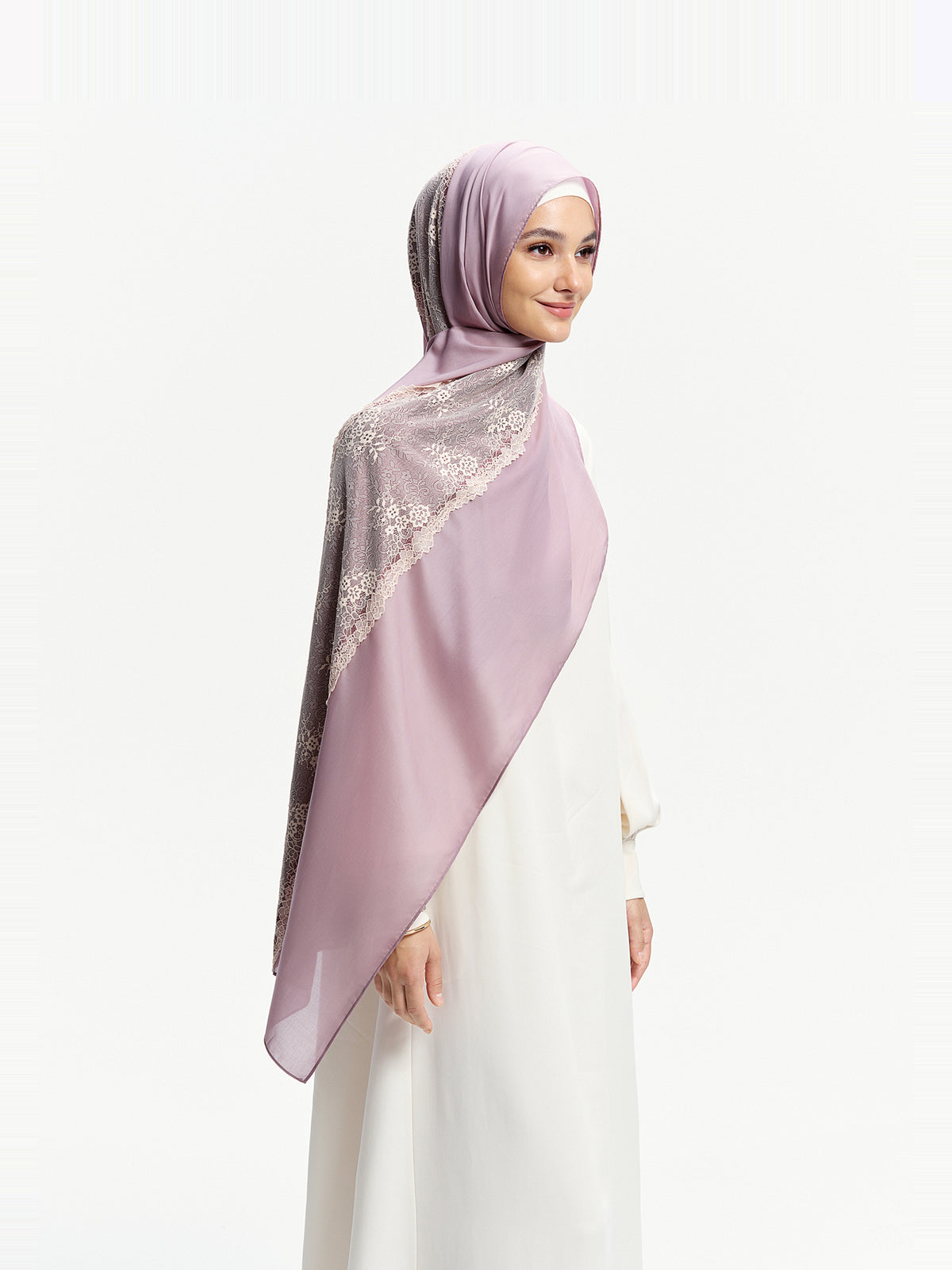 Selendang Tencel Renda Bunga- Kelabu Ungu