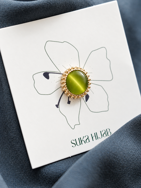 Natural Cat-Eye Quartz Magnetic Hijab Brooch – Green