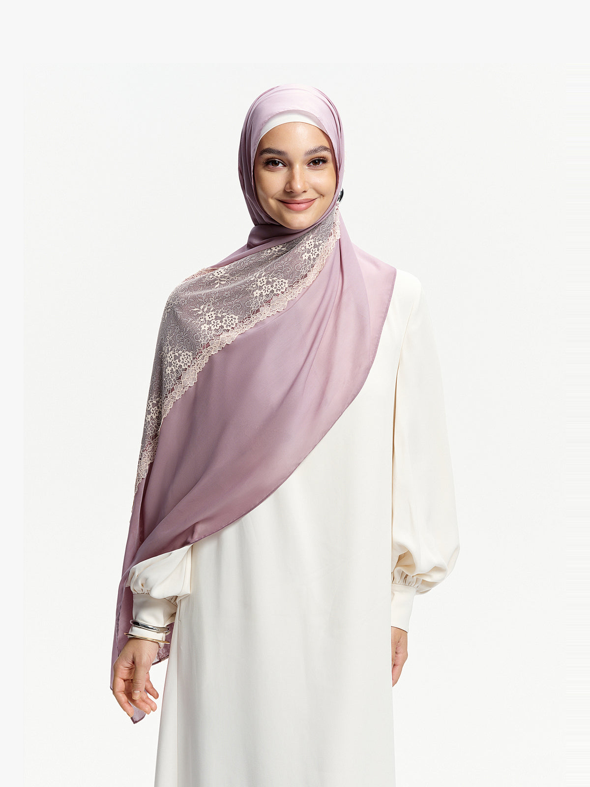 Selendang Tencel Renda Bunga- Kelabu Ungu