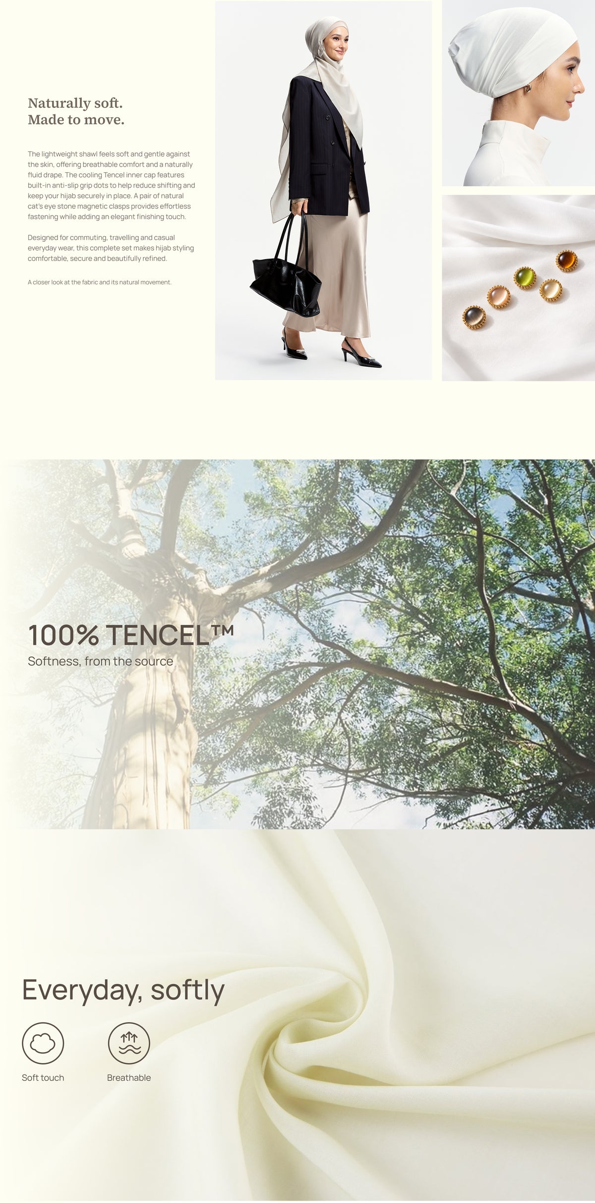 Set Selendang Tencel dengan Anak Tudung & Kerongsang Magnetik Percuma
