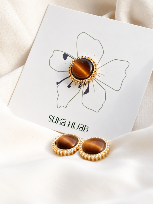 Natural Cat-Eye Quartz Magnetic Hijab Brooch – Brown